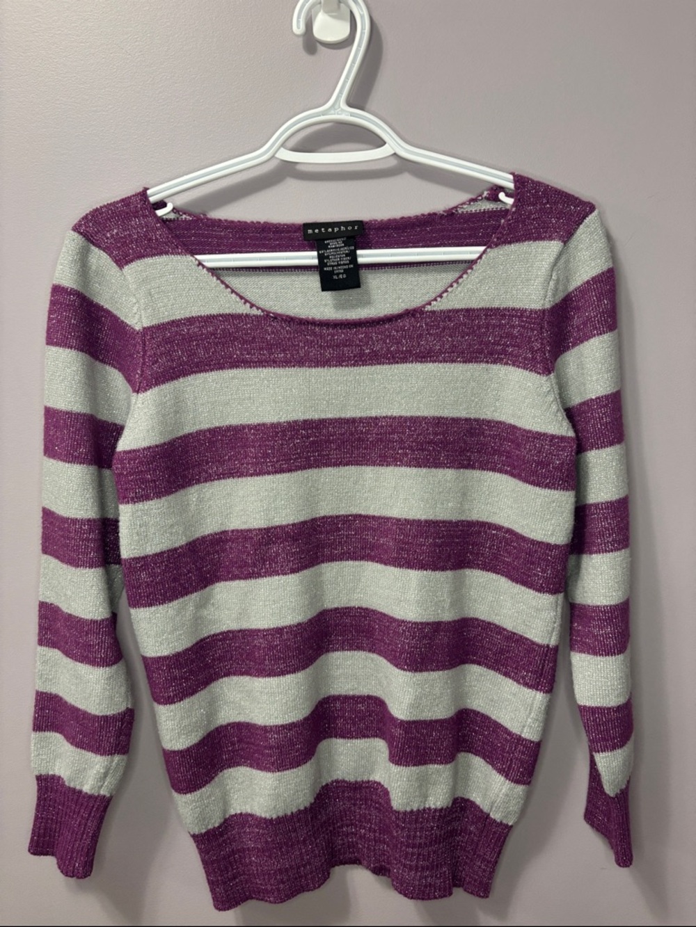 Metaphor Purple Metallic Stripe Sweater Silver Sparkle Knit Top Y2K Size XL
